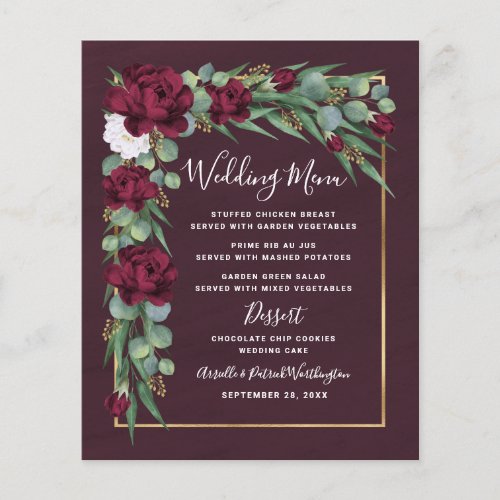 Burgundy and Gold Floral Fall Wedding Menu Cards