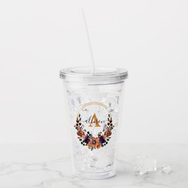 Burgundy and gold floral frame personalized   acrylic tumbler (Front Ice)