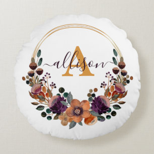 Burgundy and gold floral frame personalized   round pillow