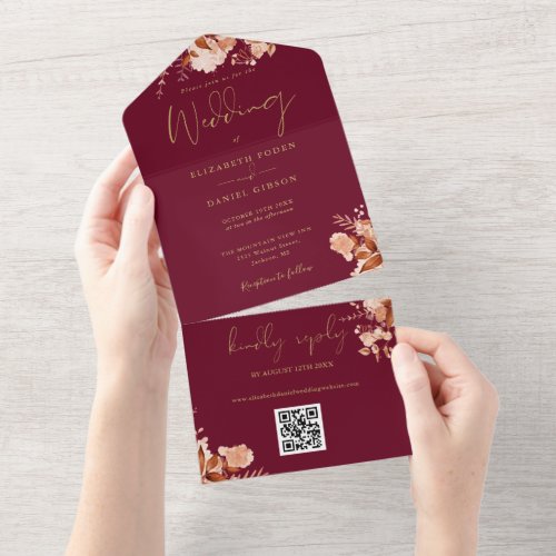 Burgundy And Gold Floral QR Code Fall Wedding All In One Invitation