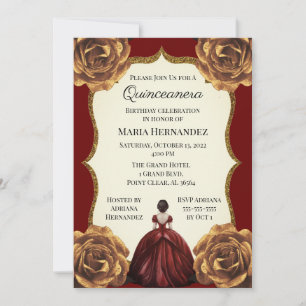 Burgundy and Gold Floral Quinceanera Birthday Invitation