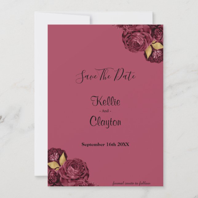 Burgundy And Gold Floral Save The Date (Front)