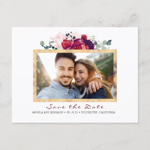 Burgundy and Gold Floral Save the Date Photo Announcement Postcard