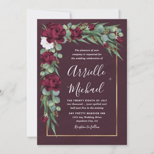 Burgundy and Gold Floral Watercolor Fall Wedding Invitation