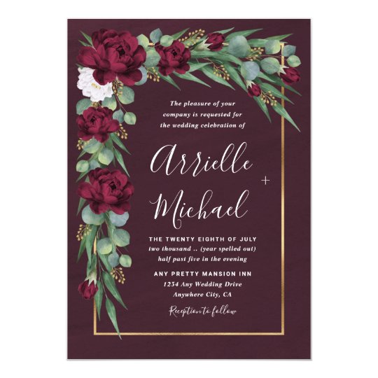 Burgundy And Gold Floral Watercolor Fall Wedding Invitation