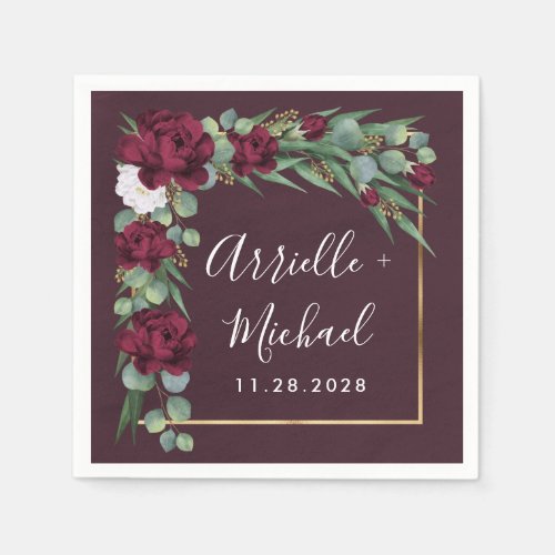 Burgundy and Gold Floral Watercolor Fall Wedding Napkins