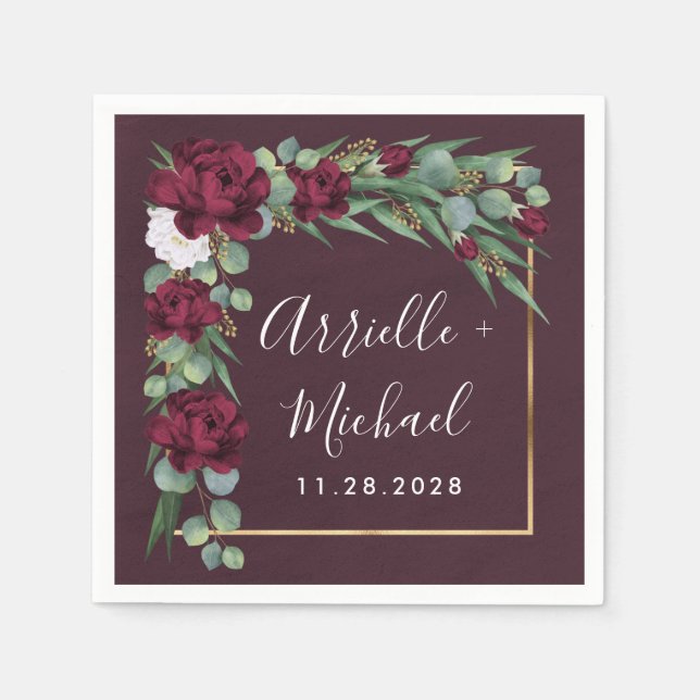 Burgundy and Gold Floral Watercolor Fall Wedding Napkins (Front)