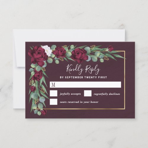 Burgundy and Gold Floral Watercolor Fall Wedding RSVP Card