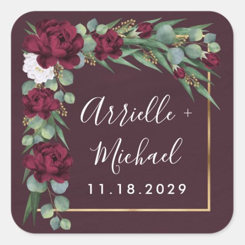Burgundy and Gold Floral Watercolor Fall Wedding Square Sticker