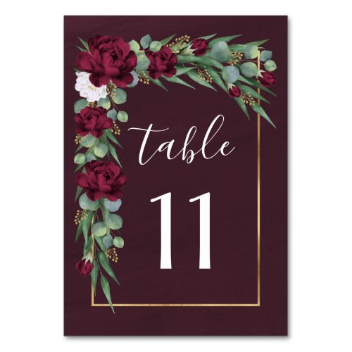 Burgundy and Gold Floral Watercolor Fall Wedding Table Number