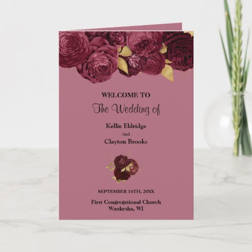 Burgundy And Gold Floral Wedding Folded Program