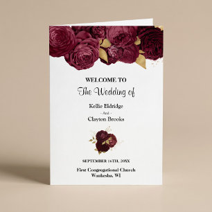 Burgundy And Gold Floral Wedding Folded Program