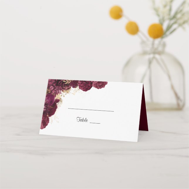 Burgundy And Gold Floral Wedding Guest Name Place Card (Front)