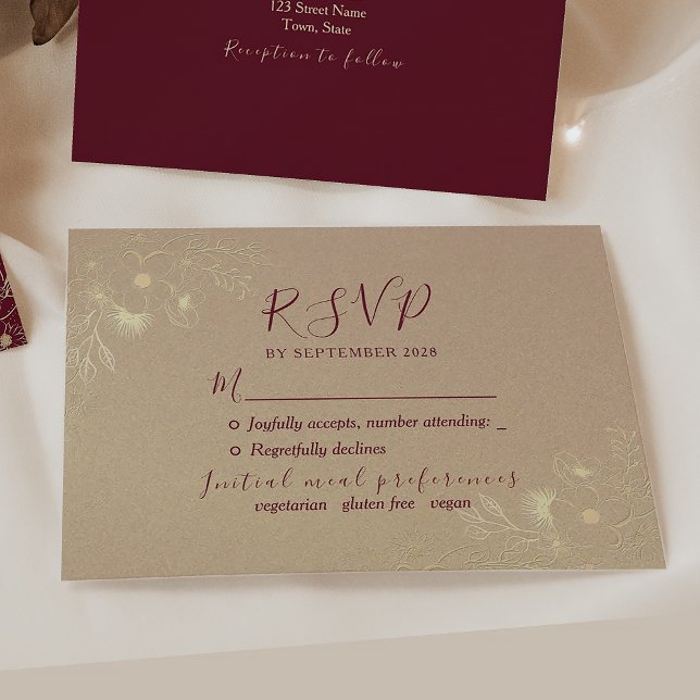 Burgundy and Gold Floral Wedding RSVP Card (Creator Uploaded)