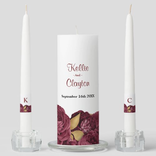 Burgundy And Gold Floral Wedding Unity Candle Set