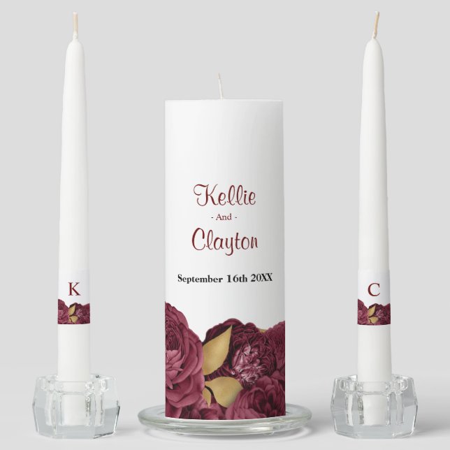 Burgundy And Gold Floral Wedding Unity Candle Set (Front)