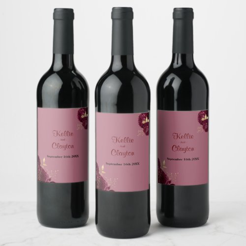 Burgundy And Gold Floral Wedding Wine Label