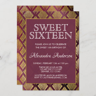 Burgundy and Gold Foil Art Deco Sweet Sixteen Invitation
