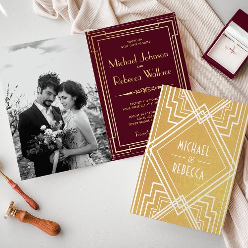 Burgundy and Gold Foil Art Deco Wedding Invitation