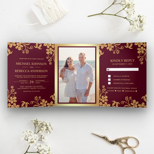 Burgundy and Gold Foil Floral Leaves Wedding Tri_Fold Invitation