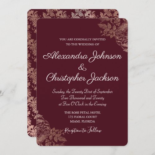 Burgundy and Gold Foil Floral Roses Wedding Invitation