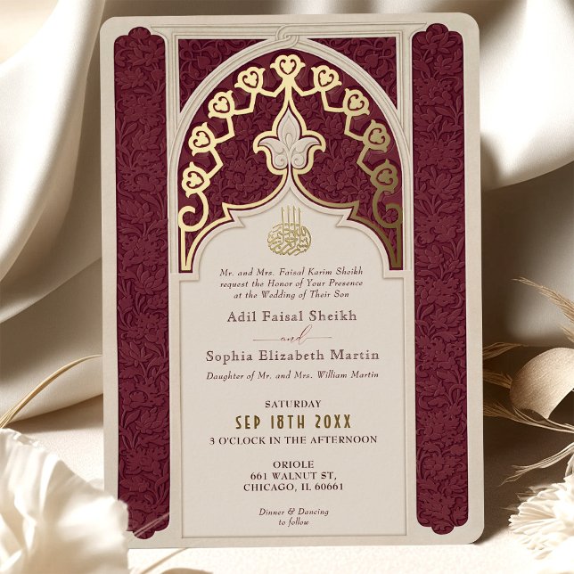 Burgundy and Gold Foil Islamic Wedding Invitation (Creator Uploaded)