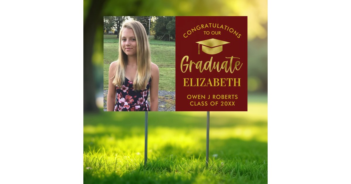 Burgundy and Gold Foil Photo Graduation Yard Sign | Zazzle
