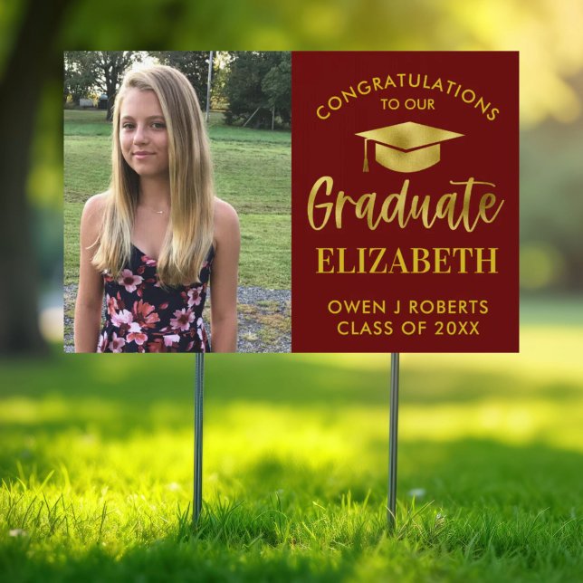 Burgundy and Gold Foil Photo Graduation Yard Sign  (Creator Uploaded)