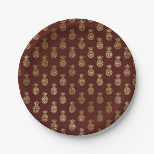 Burgundy and Gold Foil Pineapple Pattern Paper Plates