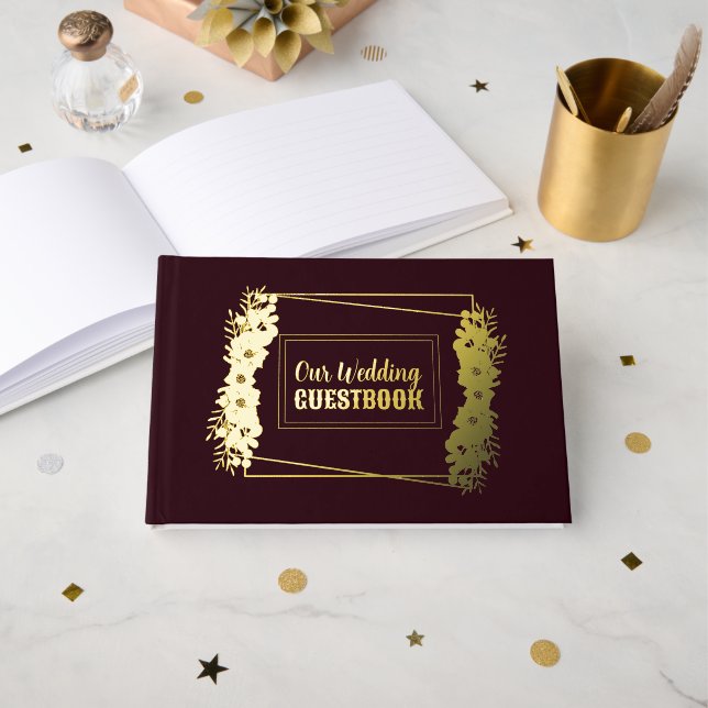 Burgundy and Gold Foil Wedding Guest Book (Front Open)