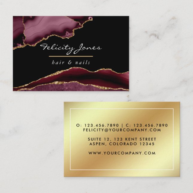 Burgundy and Gold Geode Agate Precious Stone Business Card (Front/Back)