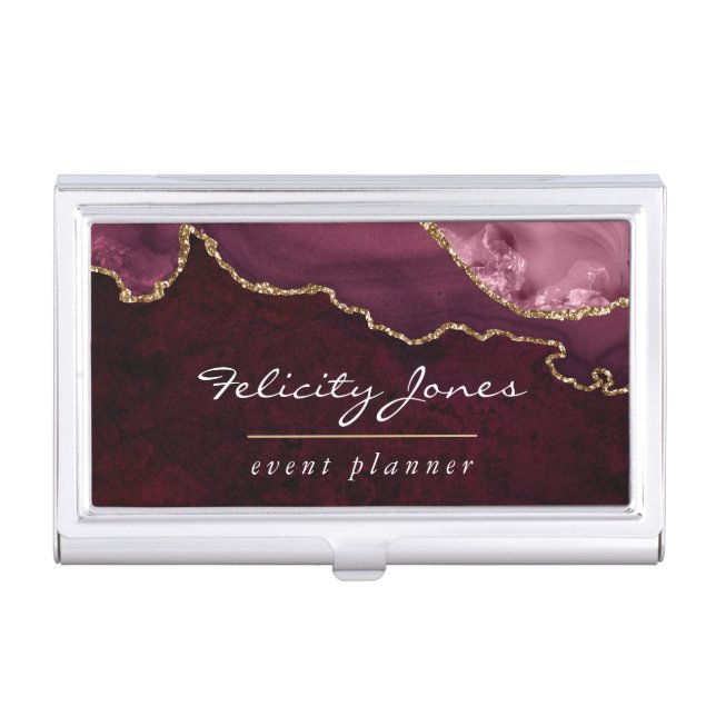 Burgundy and Gold Geode Agate Precious Stone Business Card Case (Front)