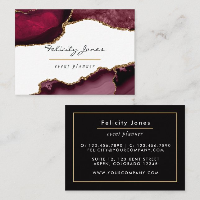 Burgundy and Gold Geode Agate Stone Business Card (Front/Back)