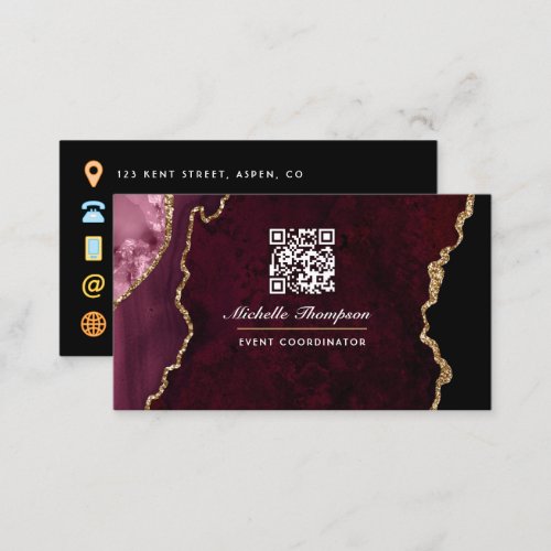 Burgundy and Gold Geode Agate Stone QR Code Busine Business Card