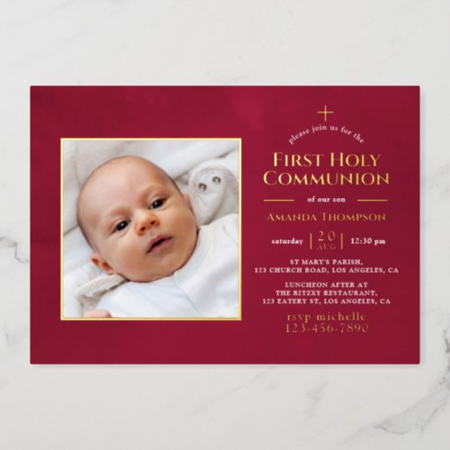 Burgundy and Gold Geometric Floral Holy Communion  Foil Invitation