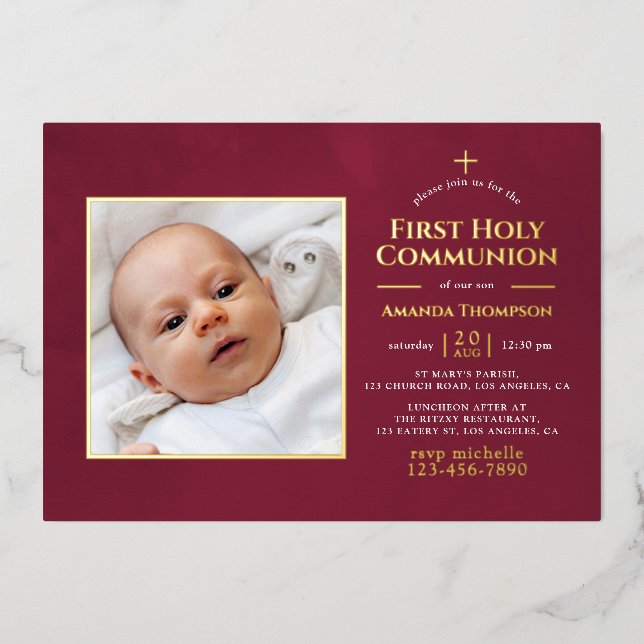 Burgundy and Gold Geometric Floral Holy Communion  Foil Invitation (Front)
