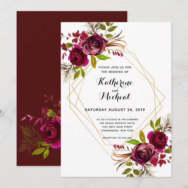 Burgundy and gold geometric wedding invitation. invitation (Front/Back)