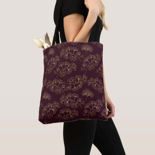 Burgundy and Gold Ginkgo Pattern Tote Bag