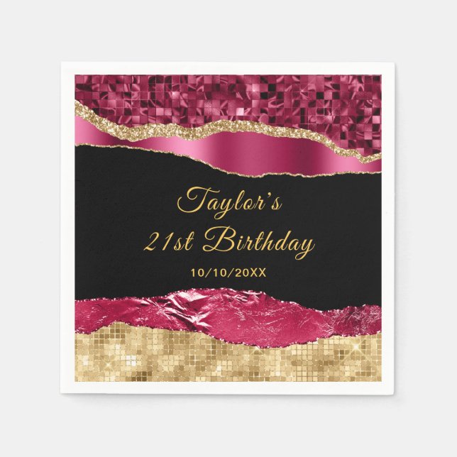 Burgundy and Gold Glam Tears Birthday Party Napkins (Front)