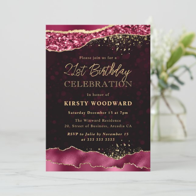 Burgundy and Gold Glam Tears Edges 21st Birthday Invitation (Standing Front)