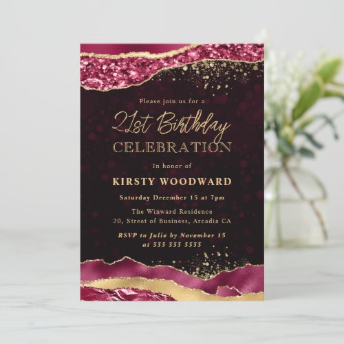 Burgundy and Gold Glam Tears Edges 21st Birthday Invitation