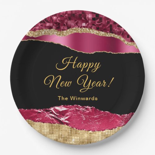 Burgundy and Gold Glam Tears Happy New Year Paper Plates