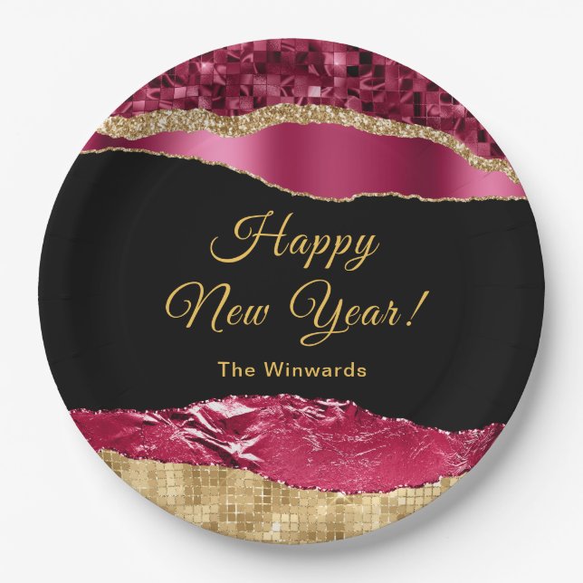Burgundy and Gold Glam Tears Happy New Year Paper Plates (Front)