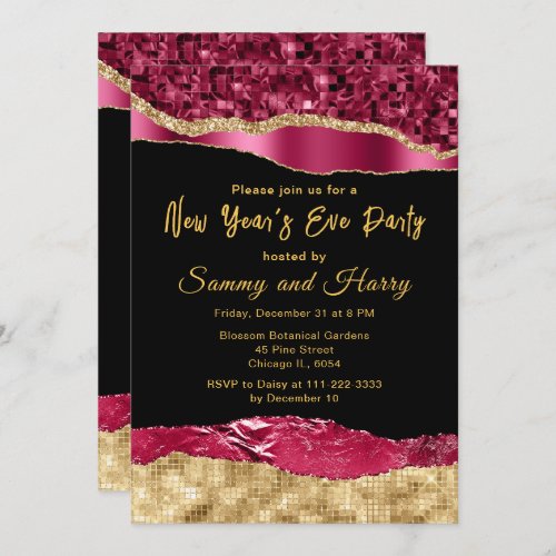 Burgundy and Gold Glam Tears New Years Eve Party Invitation