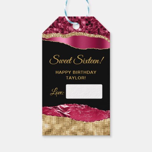 Burgundy and Gold Glam Tears Sweet Sixteen Gift Tags