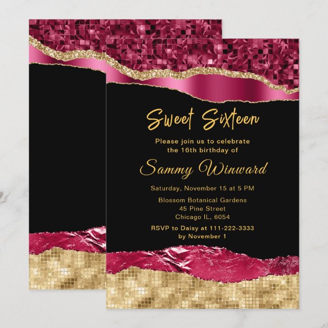 Burgundy and Gold Glam Tears Sweet Sixteen Invitation (Front/Back)