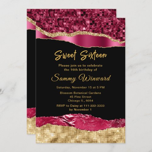 Burgundy and Gold Glam Tears Sweet Sixteen Invitation