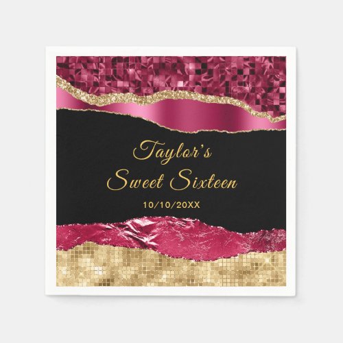 Burgundy and Gold Glam Tears Sweet Sixteen Napkins