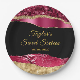 Burgundy and Gold Glam Tears Sweet Sixteen Paper Plates