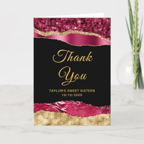 Burgundy and Gold Glam Tears Sweet Sixteen Thank You Card